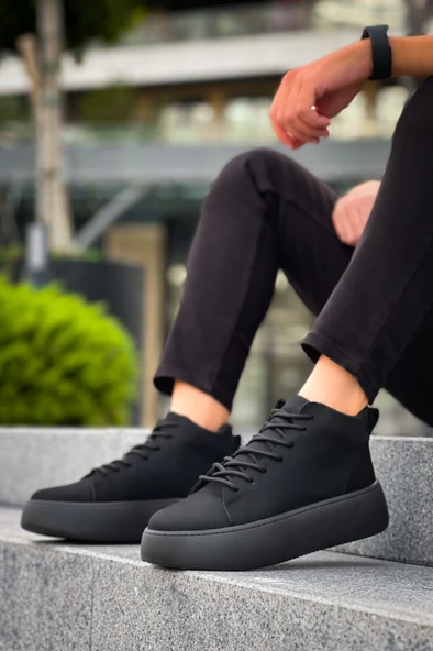 LE10 Bağcıklı Erkek Yüksek Siyah Taban Siyah Spor Bot - Resim 7