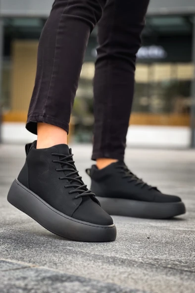 LE10 Bağcıklı Erkek Yüksek Siyah Taban Siyah Spor Bot - Resim 2