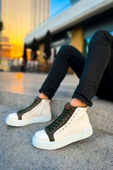 Pabucmarketi Fermuarlı Bağcık Detaylı Erkek Sneaker Bot Beyaz Haki - Resim 3