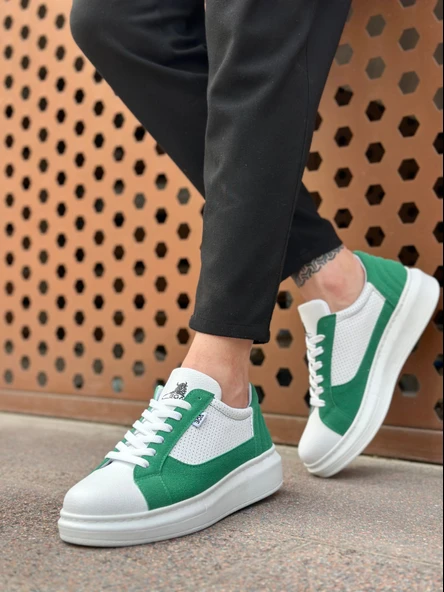 Pabucmarketi Bağcıklı Yüksek Taban Erkek Spor Ayakkabı BEYAZ YEŞİL (BEYAZ TABAN) - Resim 2