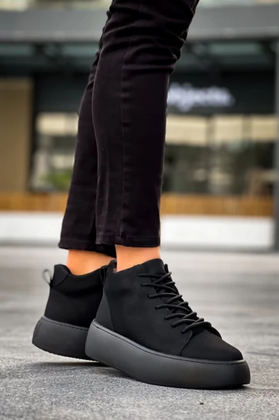 LE10 Bağcıklı Erkek Yüksek Siyah Taban Siyah Spor Bot - Resim 4