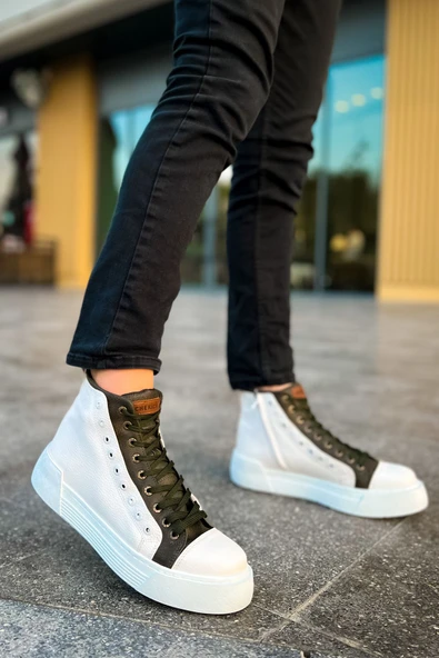 Pabucmarketi Fermuarlı Bağcık Detaylı Erkek Sneaker Bot Beyaz Haki