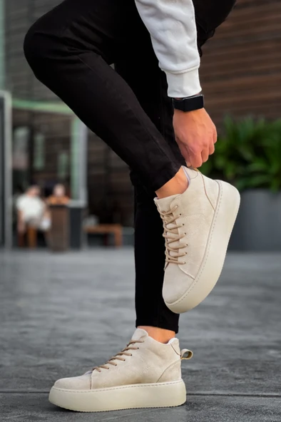 LE10 Bağcıklı Erkek Yüksek Taban İthal Süet Krem Spor Bot - Resim 4