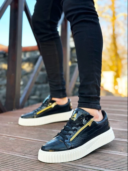 ET-S-308 Kalın Yüksek Taban Çift Fermuarlı Siyah Beyaz Erkek Ayakkabı - Resim 3