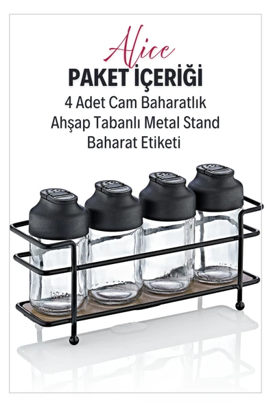 Alice Ahşap Tabanlı Metal Standlı 4'lü Çift Kapaklı Cam Baharatlık Seti - Tuzluk Biberlik - 3