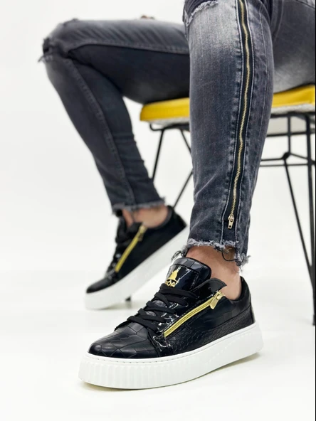 ET-S-308 Kalın Yüksek Taban Çift Fermuarlı Siyah Beyaz Erkek Ayakkabı - Resim 4