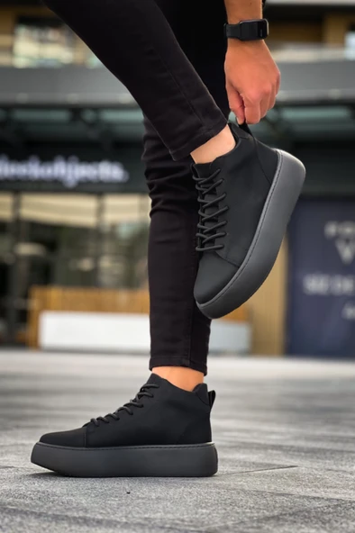 LE10 Bağcıklı Erkek Yüksek Siyah Taban Siyah Spor Bot - Resim 6
