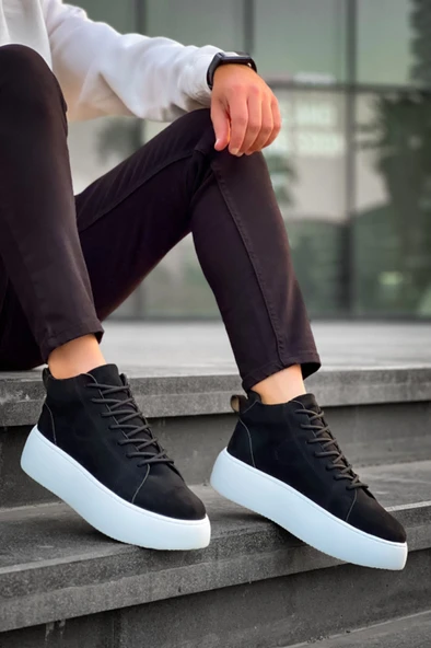 LE10 Bağcıklı Erkek Yüksek Taban İthal Süet Siyah Spor Bot - Resim 3