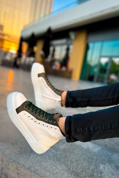 Pabucmarketi Fermuarlı Bağcık Detaylı Erkek Sneaker Bot Beyaz Haki - Resim 4
