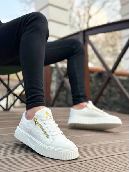 ET-S-308 Kalın Yüksek Taban Çift Fermuarlı Beyaz Erkek Ayakkabı - Resim 2