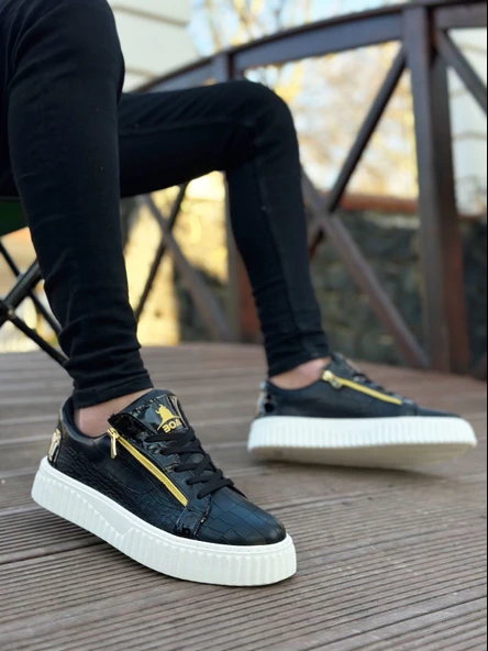 ET-S-308 Kalın Yüksek Taban Çift Fermuarlı Siyah Beyaz Erkek Ayakkabı - Resim 2