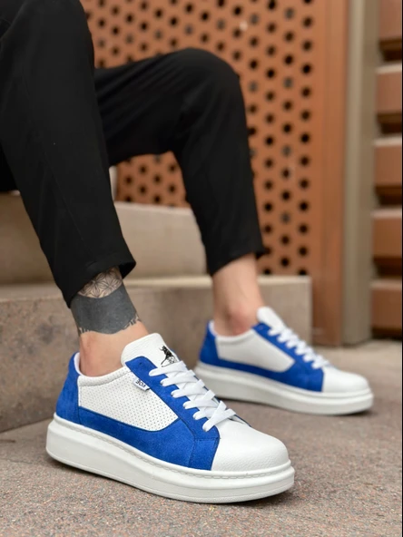 Pabucmarketi Bağcıklı Yüksek Taban Erkek Spor Ayakkabı BEYAZ MAVİ (BEYAZ TABAN) ürün görseli