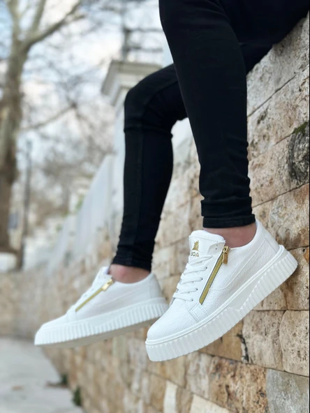 ET-S-308 Kalın Yüksek Taban Çift Fermuarlı Beyaz Erkek Ayakkabı - Resim 4