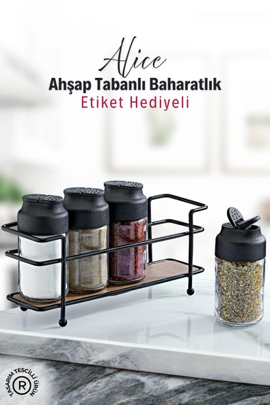 Alice Ahşap Tabanlı Metal Standlı 4'lü Çift Kapaklı Cam Baharatlık Seti - Tuzluk Biberlik