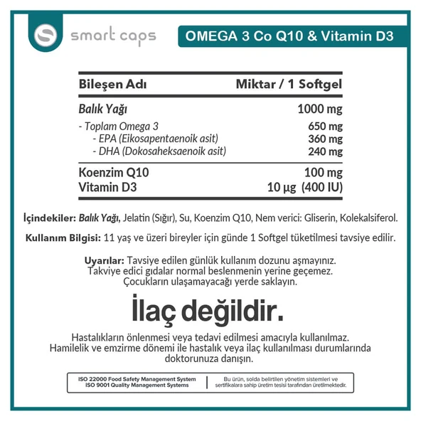 Smart Caps Omega 3 Koenzim Q10 & Vitamin D3 30 Softjel - 2