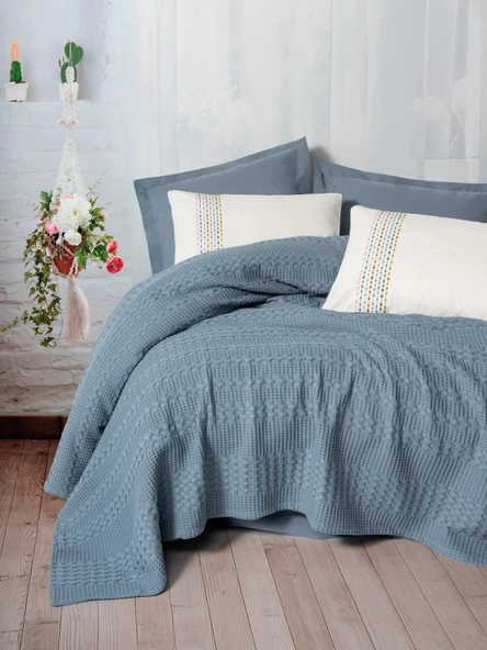 Cottonbox Tek Kişilik Lastikli Çarşaflı Pike Takımı Aura Pebble Indigo