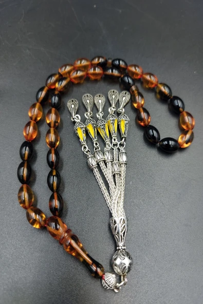 Arpa Kesim Sarı-Siyah Altılı Alpaka Püsküllü Tespih ürün görseli