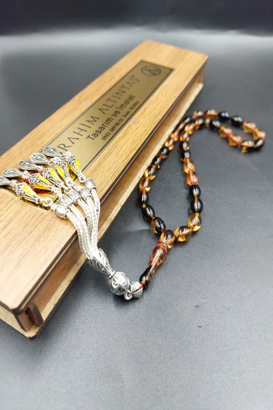 Arpa Kesim Sarı-Siyah Altılı Alpaka Püsküllü Tespih - Resim 2