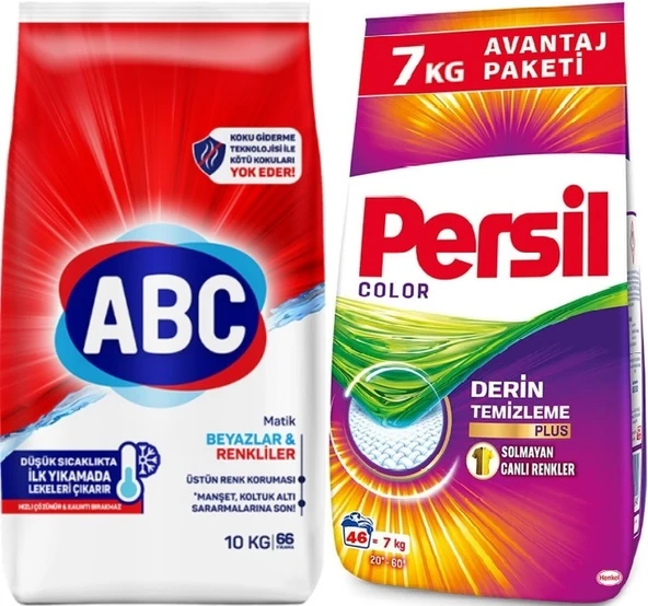 Abc Matik Toz Çamaşır Deterjanı 10KG Klasik Beyazlar & Renkliler (66 Yıkama) + 7KG Color/Renkli
