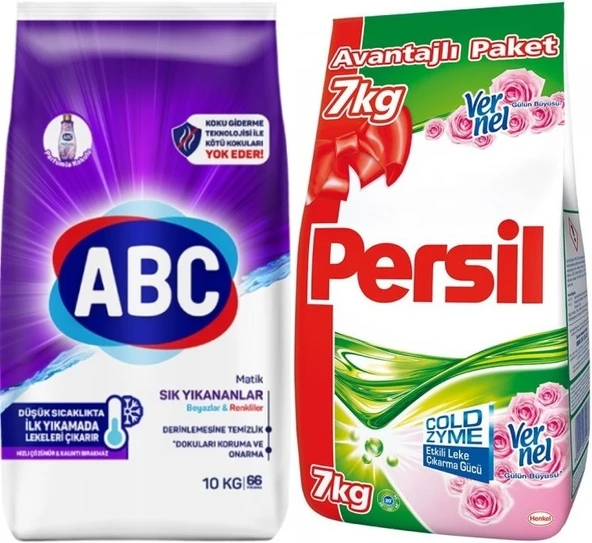 Abc Matik Toz Çamaşır Deterjanı 10KG Sık Yıkananlar Beyazlar/Renkliler (66 Yıkama)+ 7KG Gülün Büyüsü