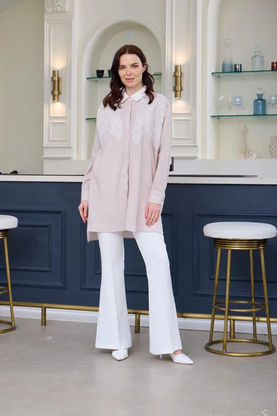 DANTEL DETAYLI ÇİZGİLİ GÖMLEK - 3