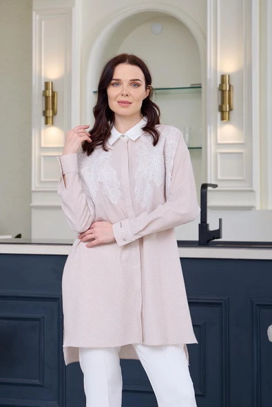 DANTEL DETAYLI ÇİZGİLİ GÖMLEK