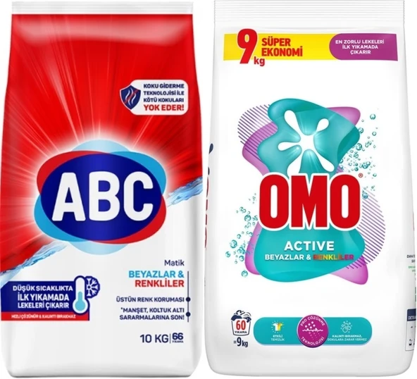 Abc Matik Toz Çamaşır Deterjanı 10KG Klasik Beyazlar & Renkliler (66 Yıkama)+ 9KG Beyaz ve Renkliler