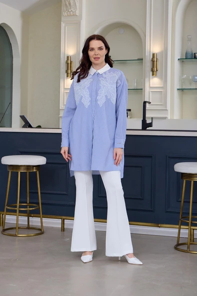 DANTEL DETAYLI ÇİZGİLİ GÖMLEK - 4