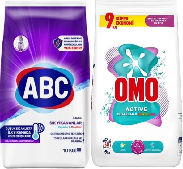 Abc Matik Toz Çamaşır Deterjanı 10KG Sık Yıkananlar Beyazlar/Renkliler (66 Yıkama)+ 9KG Beyaz/Renkli