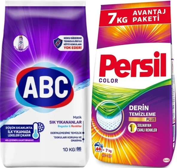 Abc Matik Toz Çamaşır Deterjanı 10KG Sık Yıkananlar Beyazlar/Renkliler (66 Yıkama)+ 7KG Color/Renkli