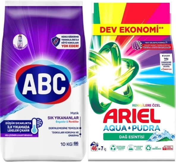 Abc Matik Toz Çamaşır Deterjanı 10KG Sık Yıkananlar Beyazlar/Renkliler (66 Yıkama) + 7KG Renkliler