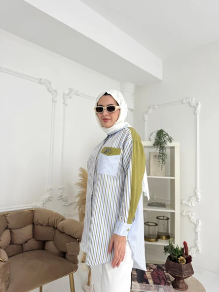 TAŞ DETAYLI ÇİZGİLİ GÖMLEK - 4