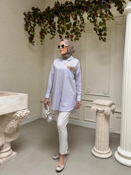 TAŞ DETAYLI ÇİZGİLİ GÖMLEK