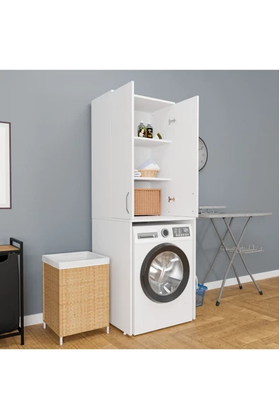 ROZBO MOBİLYA 2 Kapaklı 3 Raflı Çamaşır Makinesi Dolabı Alt Üst Takım 65 x 62