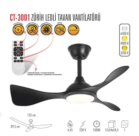 cata CT 3001 Modern Tavan Vantilatörü LED Işıklı ve Uzaktan Kumandalı LED, Sessiz Motor, Şık Tasarım - 2