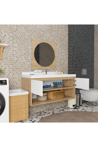 ROZBO MOBİLYA Calia 120 cm Banyo Dolabı Takımı - Alt Dolap, Üst Modül ve Lavabo Dahil - 5