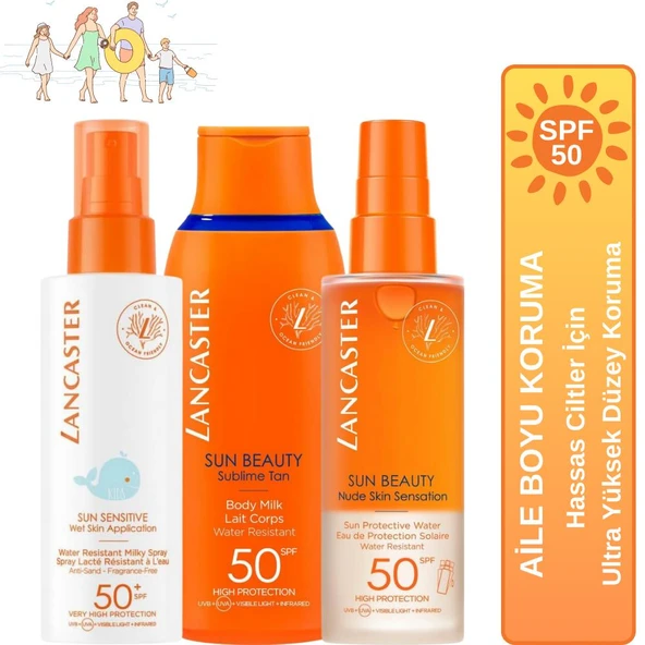 Lancaster BodyMilk + Protective Water + Kids Milky SPF50 Hassas Ciltler için Aile Boyu Yüksek Koruma