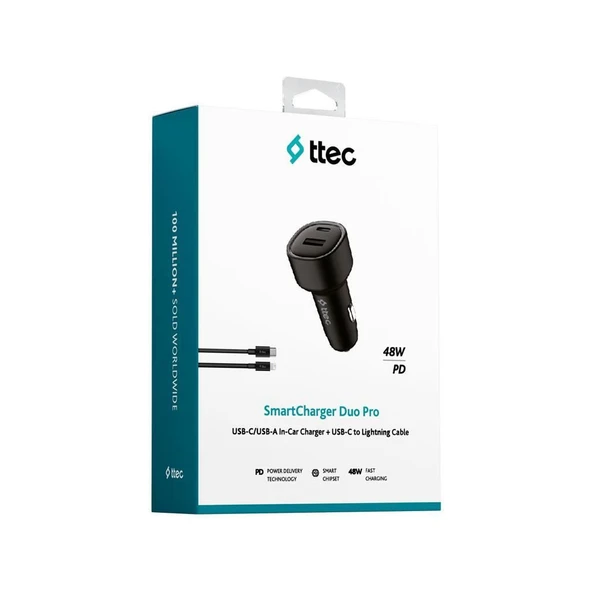 TTec 2CKP02LS SmartCharger Duo PD 48W Araç Hızlı Şarj Aleti USB-C+USB-A - USB-C-Lightning