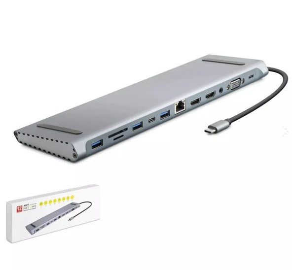 HADRON HDX7855 TYPE-C HDTV COMBO 2 TYPE-C + 2 HDMI 4K 30Hz + 3 USB3.0 + VGA + AUDIO + LAN + TF + SD 12IN1 GRİ