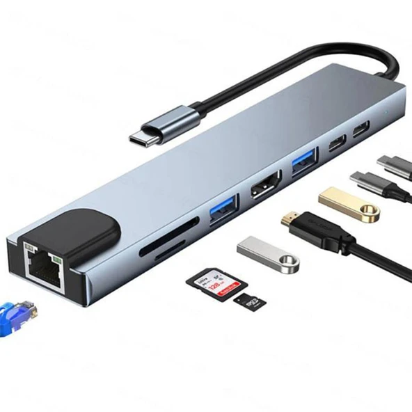 SHAZA 8in1 USBType-C Hub Port Adaptör HDMI USB Ethernet PD Girişli