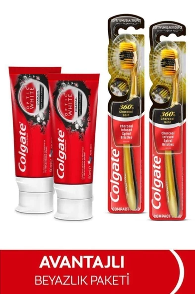 Colgate Optic White Aktif Kömür Diş Macunu 50ml +  360 Charcoal Diş Fırçası x 2 Adet