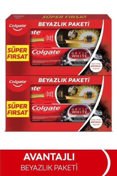 Colgate Optic White Aktif Kömür Diş Macunu 50ml +  360 Charcoal Diş Fırçası x 2 Adet - 2
