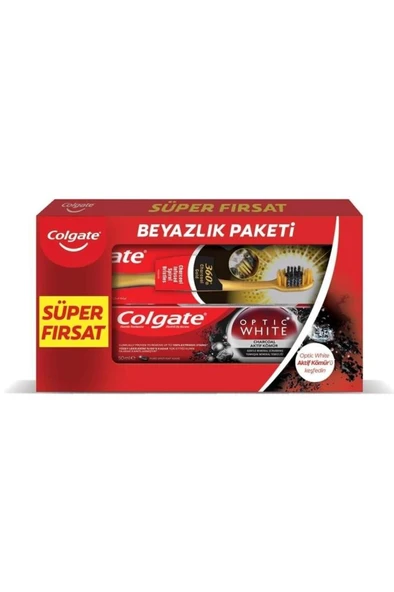 Colgate Optic White Aktif Kömür Diş Macunu 50ml +  360 Charcoal Diş Fırçası