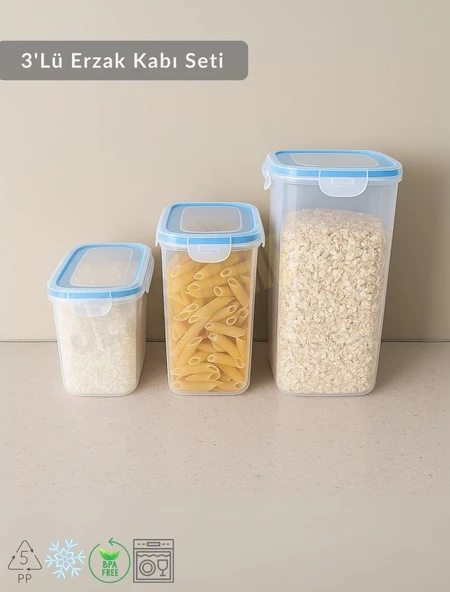 3'Lü Erzak Kabı Seti Kilitlenebilir Saklama Kabı Hava Almaz Bakliyat Kabı Bpa Free