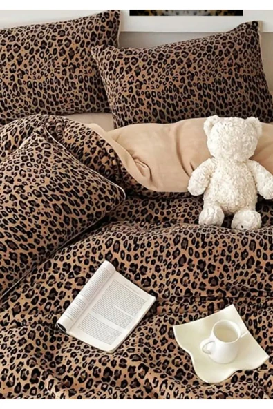 Sheri Home YENİ Çarşaflı Leopar Desen Çift Kişilik Nevresim Takımı Tr888736636557721