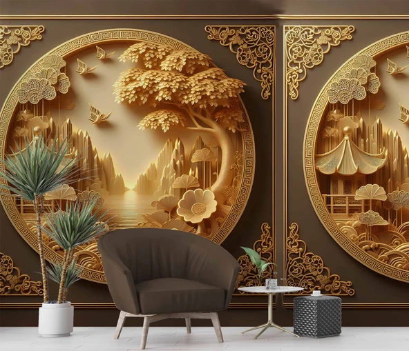 3D Kabartma Ahşap Oyma Sanatı Duvar Kağıdı Baskı - Resim 4