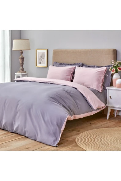 Sheri Home Basic Gül Kurusu Koyu Gri Çift Taraflı Çift Kişilik Nevresim Seti 200x220 %100 Pamuk Pinkcastle02 - 4