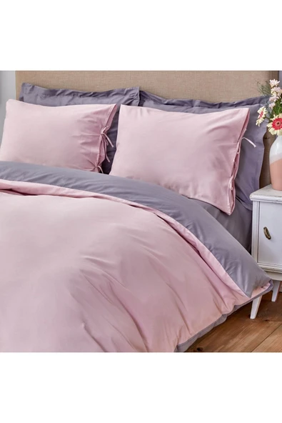 Sheri Home Basic Gül Kurusu Koyu Gri Çift Taraflı Çift Kişilik Nevresim Seti 200x220 %100 Pamuk Pinkcastle02 - 2