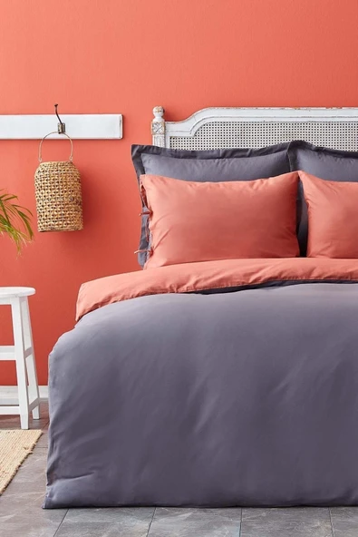 Sheri Home Tekstil Basic Antrasit Terecota Çift Taraflı Çift Kişilik Nevresim Takımı - Resim 2