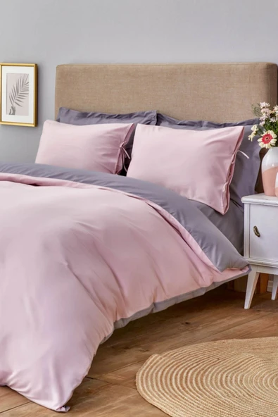 Sheri Home Lastikli Çarşaflı Nevresim Takımı Çift Kişilik Gül Kurusu-gri 100%pamuk01453020